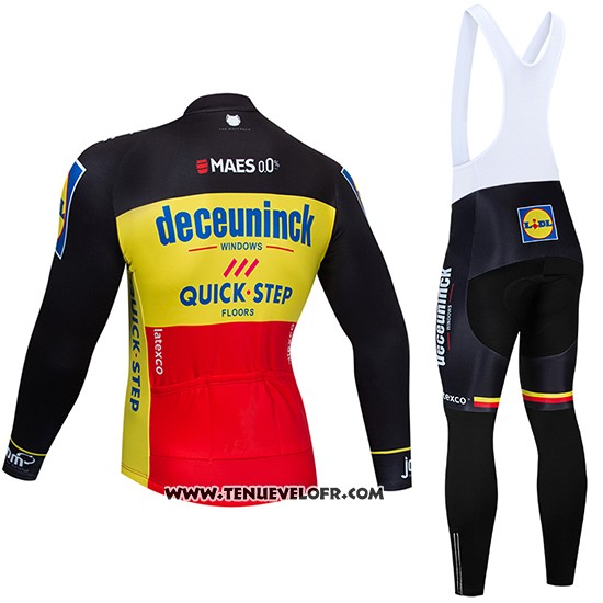 2019 Maillot Ciclismo Deceuninck Quick Step Noir Jaune Rouge Manches Longues et Cuissard